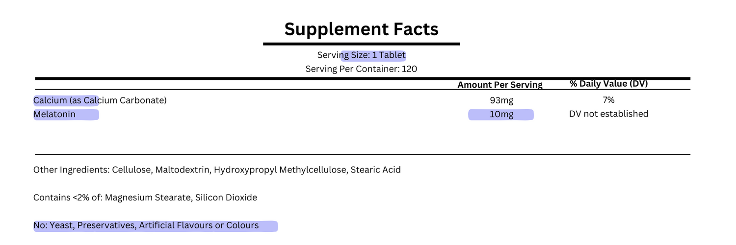 supplement facts for 21st century melatonin 10mg prolonged release