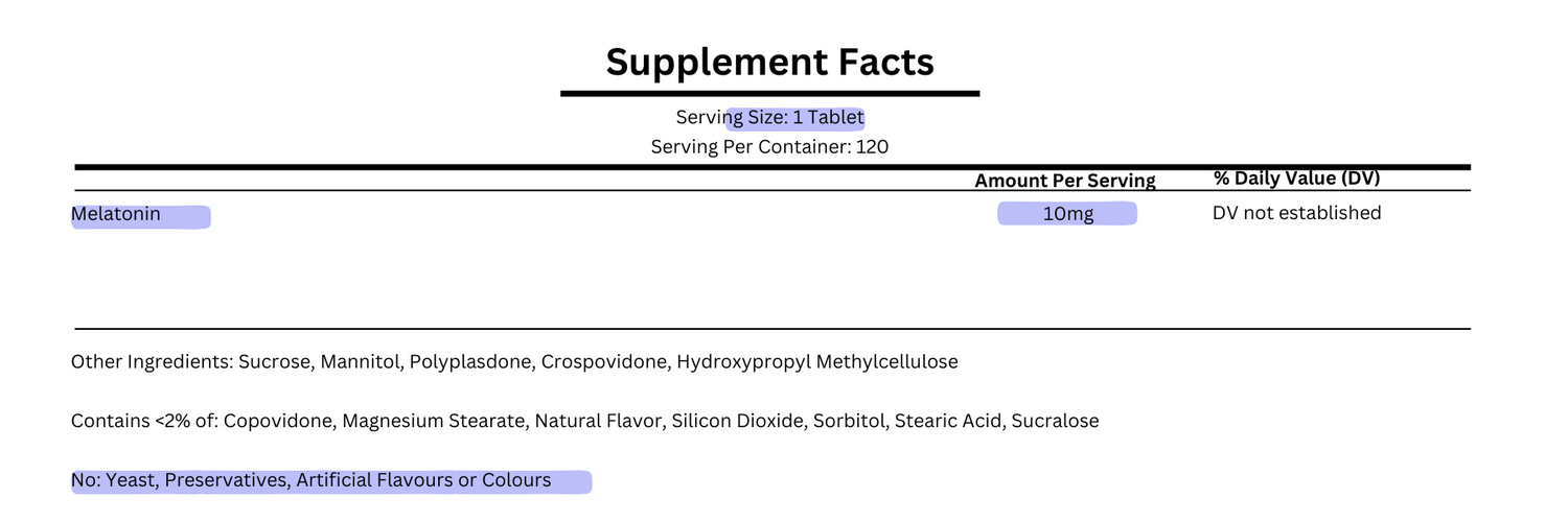 supplement facts for 21st century melatonin 10mg quick dissolve