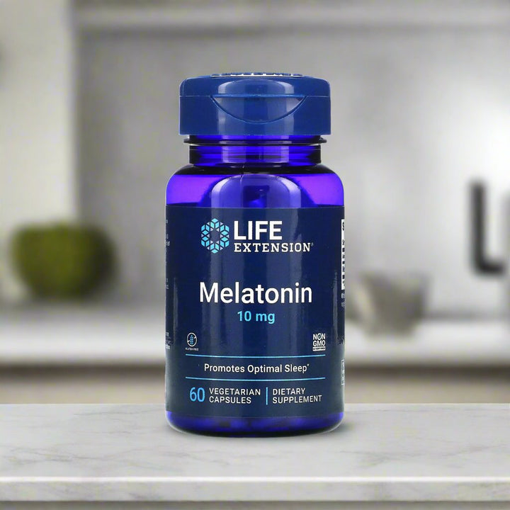 Life Extension Melatonin 10mg is placing on top of kitchen table