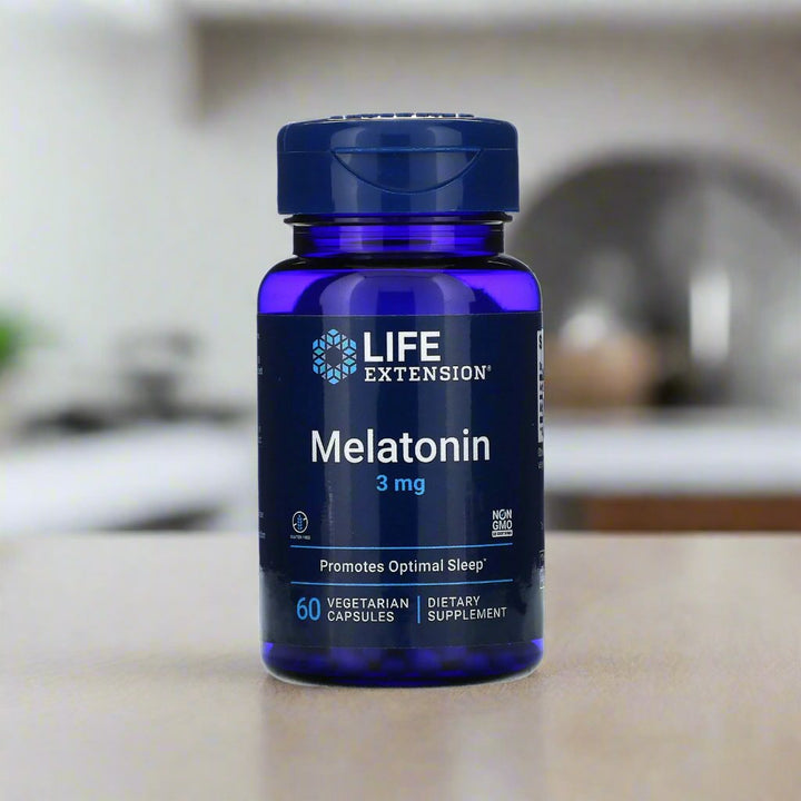 Life Extension Melatonin 3mg is placing on top of kitchen table