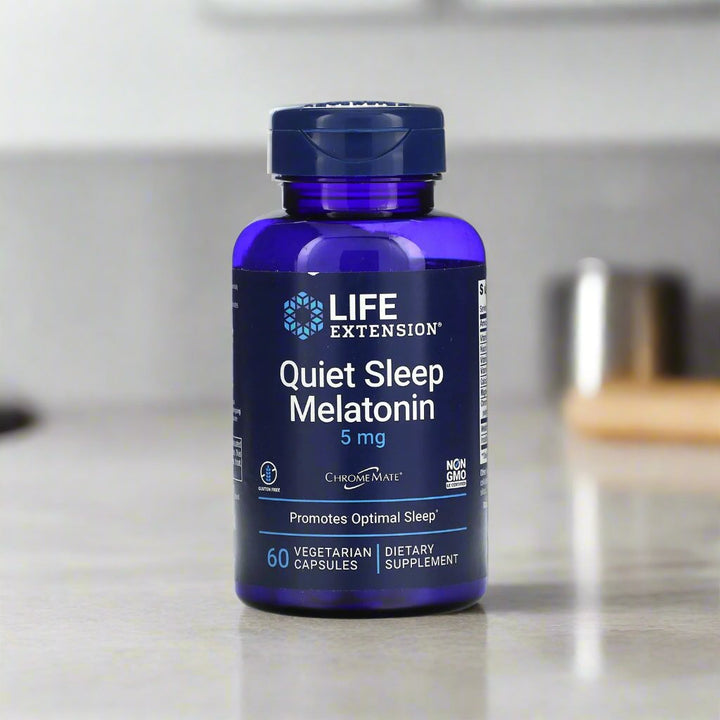 Life Extension Quite Sleep Melatonin is placing on top of kitchen table5mg