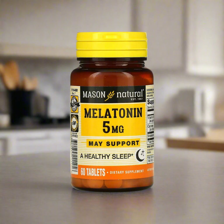 Mason Natural Melatonin 5mg is placing on top of kitchen table