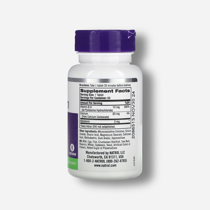 The supplement facts of Natrol Melatonin 3mg