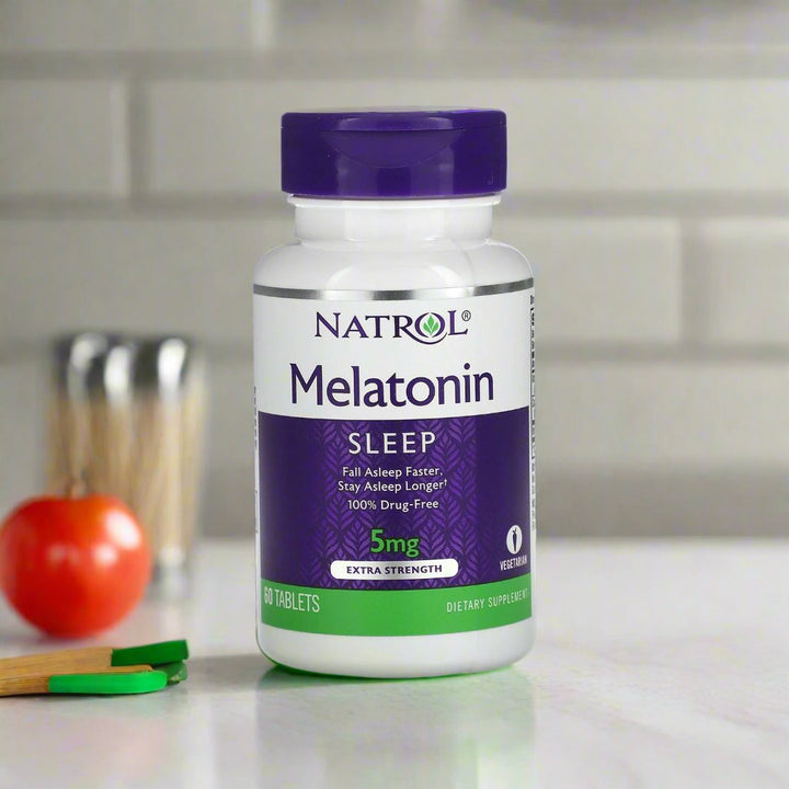 Natrol Melatonin 5mg placing on table