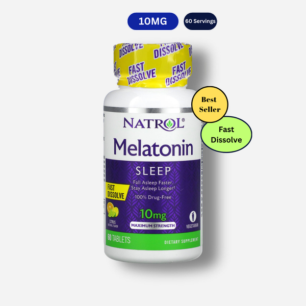 The front image of natrol melatonin fast dissolve 10mg 60 tablets citrus flavour.