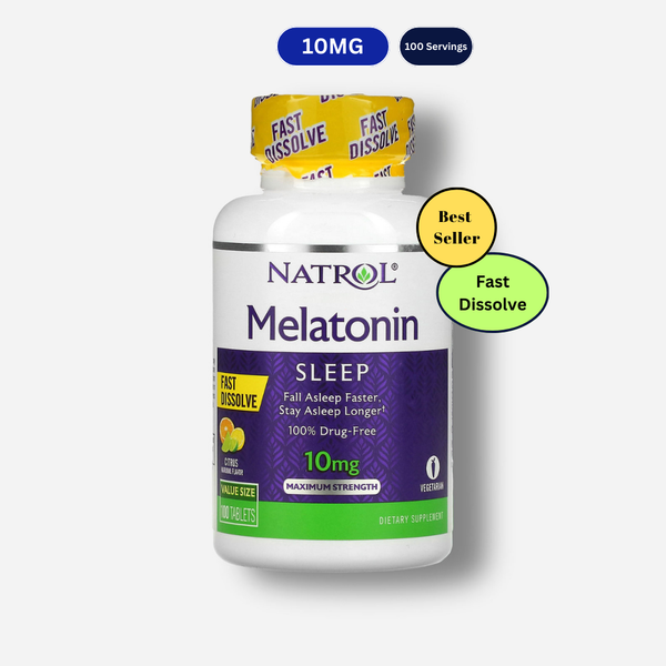 The front image of Natrol Melatonin Fast Dissolve 10mg Citrus flavour 100 tablets