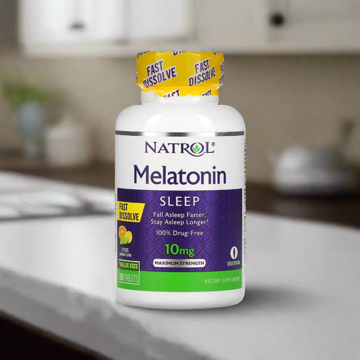 Natrol Melatonin Fast Dissolve 10mg 100 tablets citrus flavour is placing on table