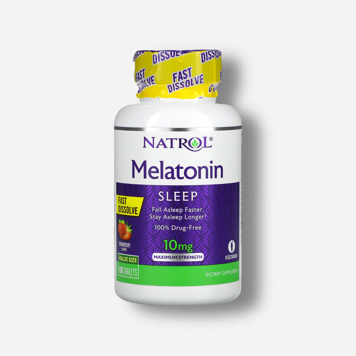 The front image of natrol melatonin fast dissolve 10mg strawberry 100tablets