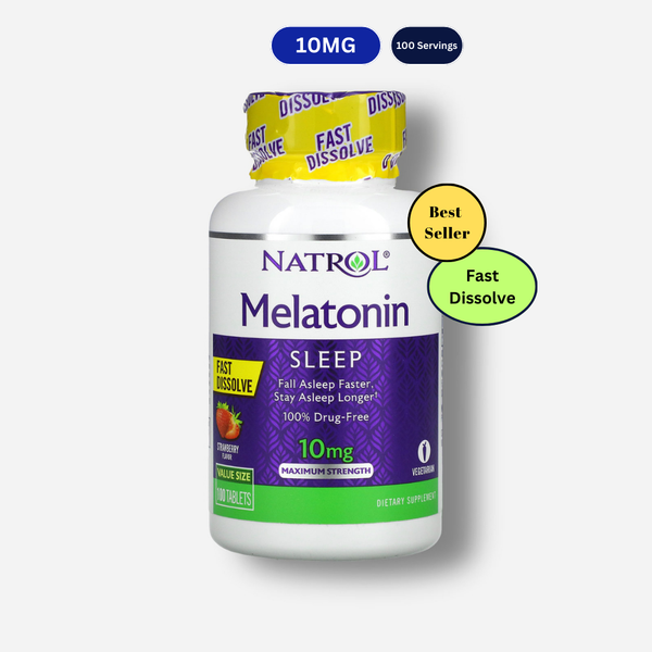 The front image of natrol melatonin fast dissolve 10mg strawberry 100 tablets