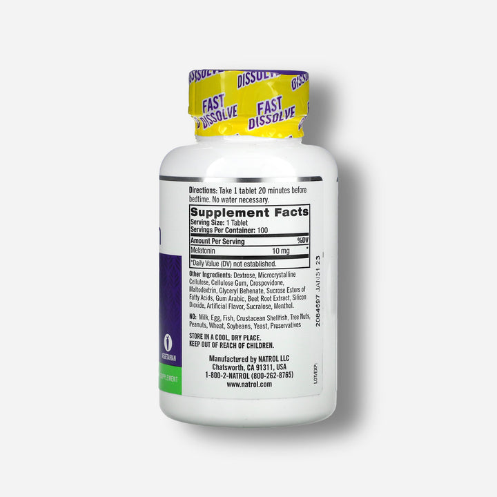 The supplement facts of natrol melatonin fast dissolve 10mg strawberry 100 tablets