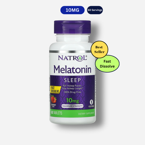 The front image of natrol melatonin fast dissolve 10mg strawberry flavour 60 tablets