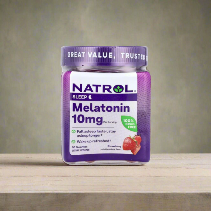 Natrol Melatonin Gummies Strawberry 10MG is placing on top of kitchen table