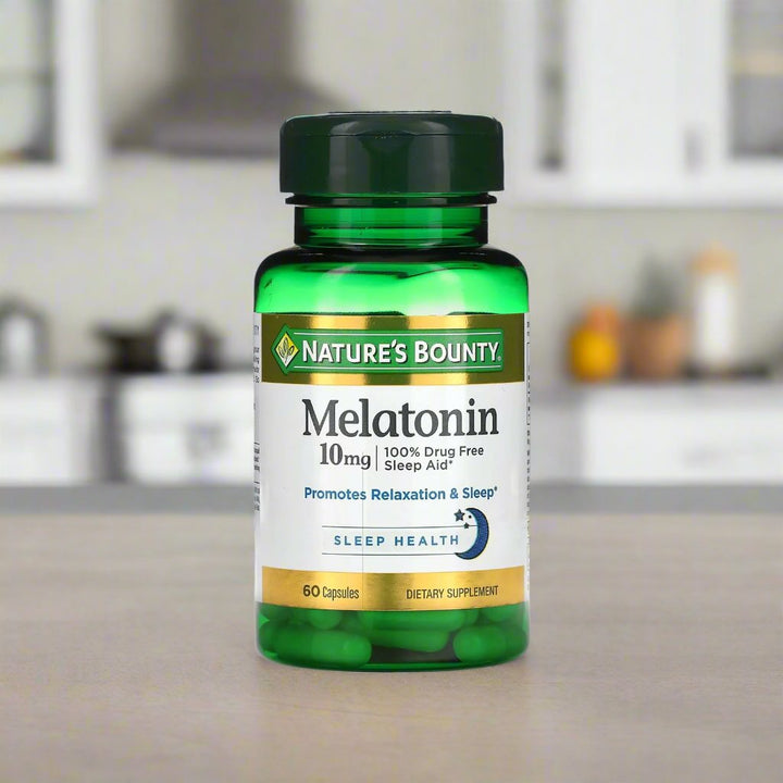 Natures Bounty Melatonin 10mg is placing on top of kitchen table