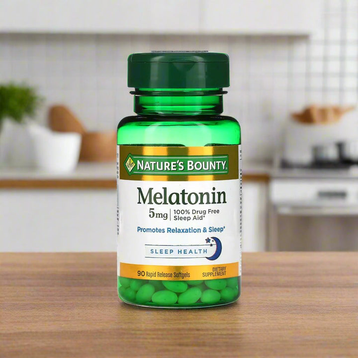 Natures Bounty Melatonin 5mg is placing on top of kitchen table