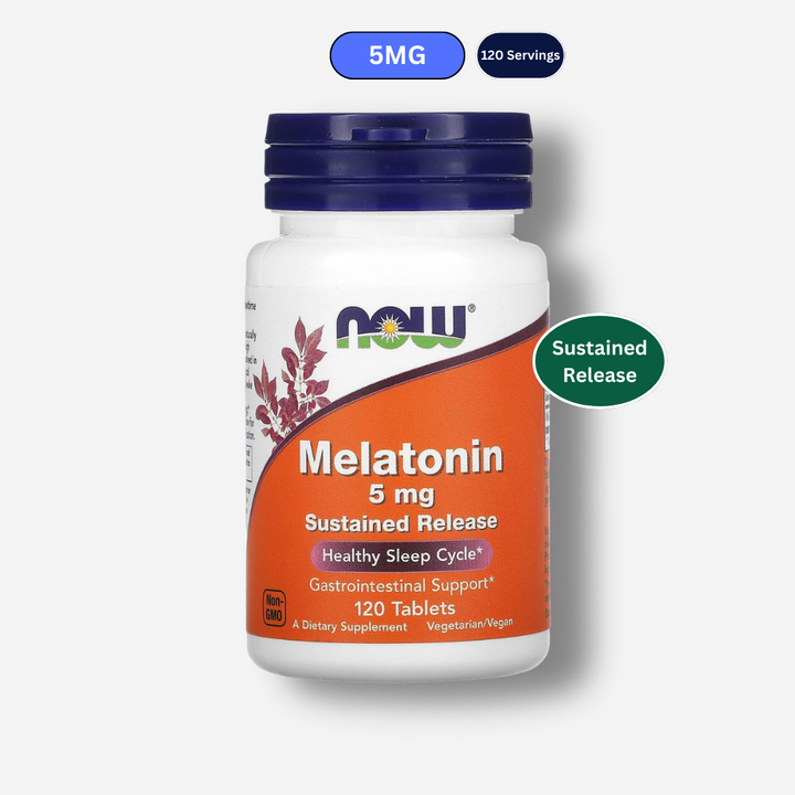 The front image of now foods melatonin 5mg sustained release