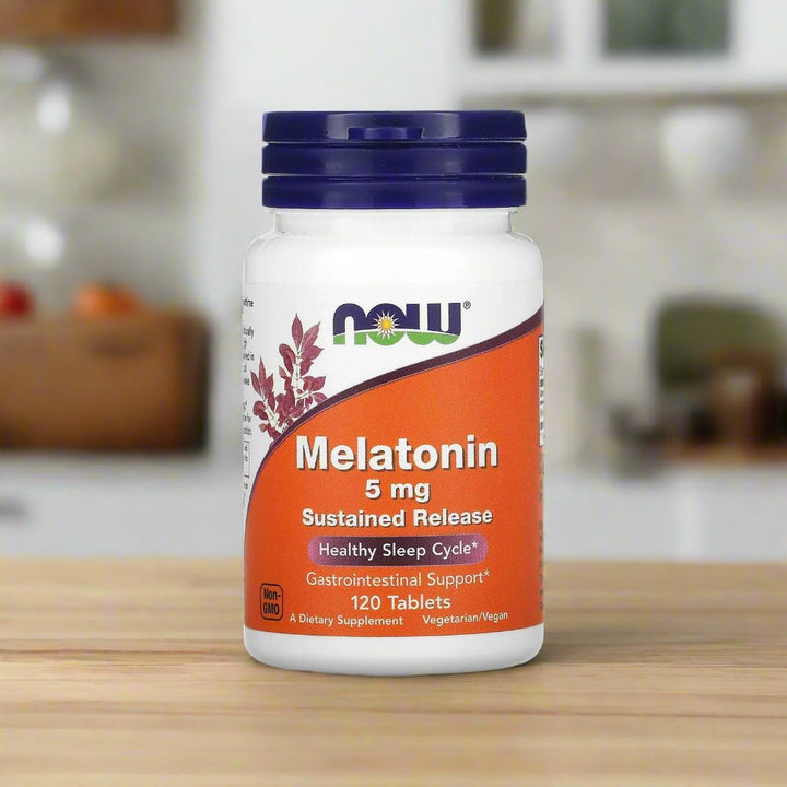 Now Foods Melatonin 5mg Sustained Release is placing on a table