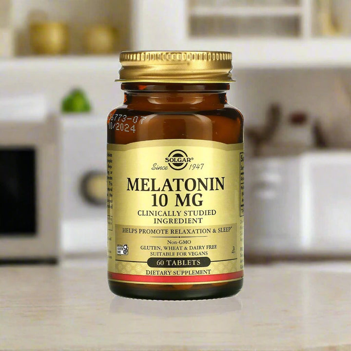 Solgar Melatonin 10mg is placing on top of kitchen table