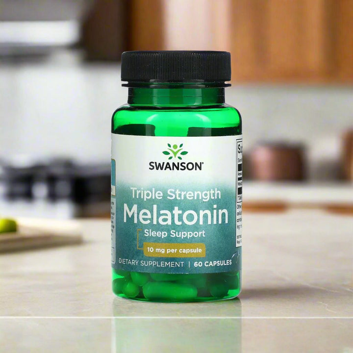 Swason Melatonin 10mg is placing on top of kitchen table