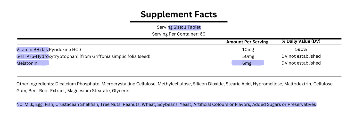 supplement facts for natrol melatonin +5htp 6mg