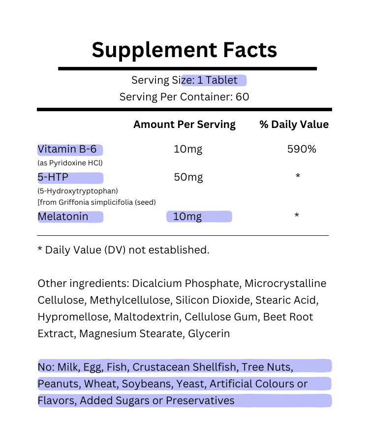 supplement facts for natrol melatonin +5htp 6mg