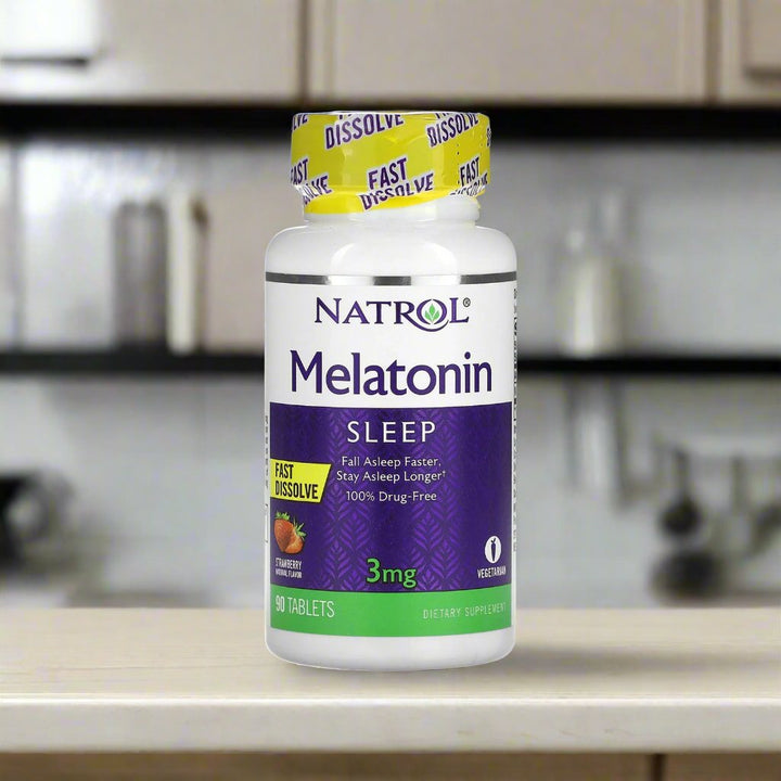 natrol melatonin fast dissolve 3mg 90 tablets is placing on a table