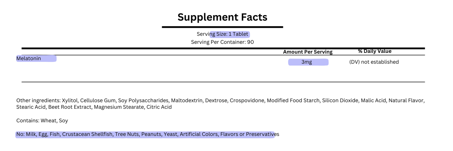 supplement facts for natrol melatonin fast dissolve 3mg