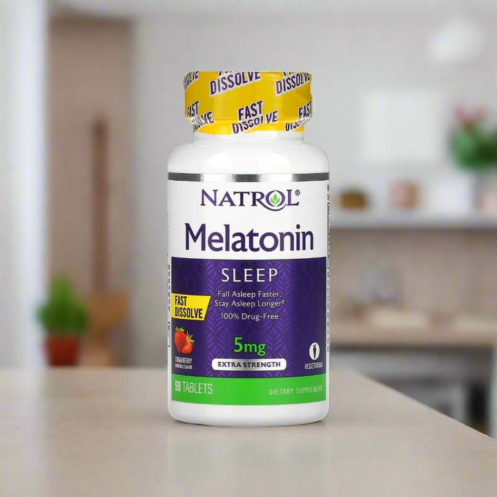 natrol melatonin fast dissolve 5mg is placing on top of table