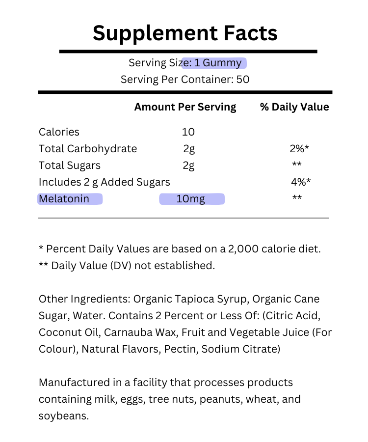 supplement facts for natrol melatonin max gummies 10mg