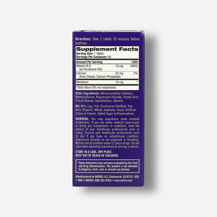 The supplement facts for natrol melatonin time release 10mg