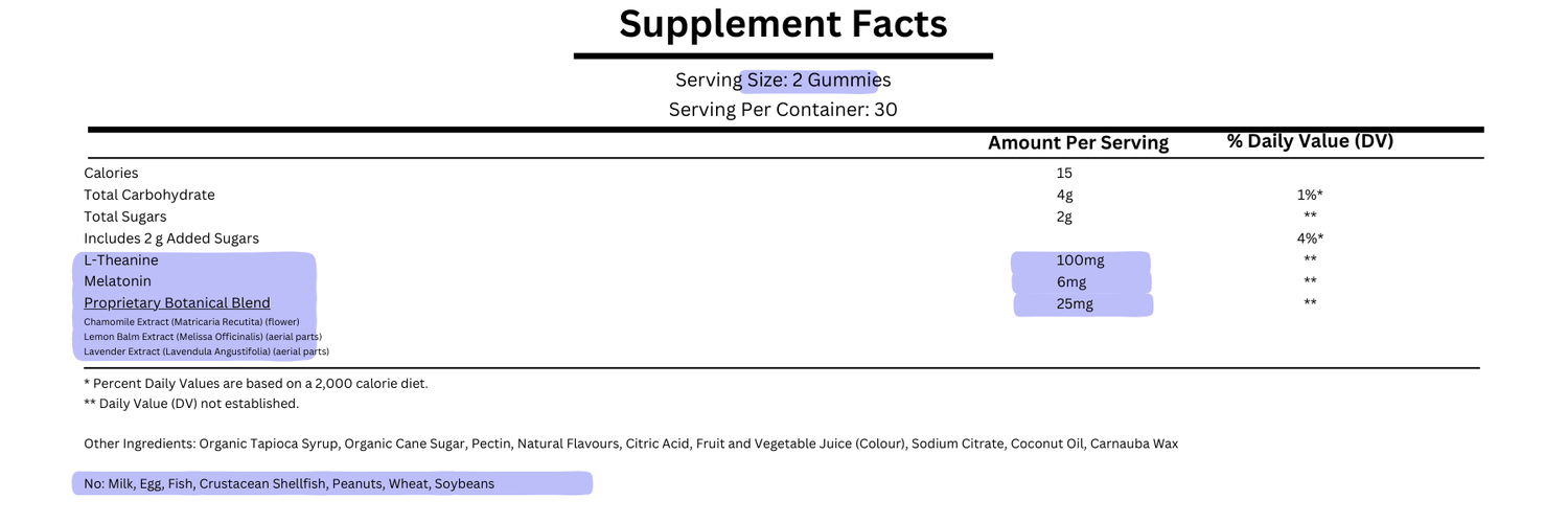 supplement facts for natrol sleep+calm melatonin gummies