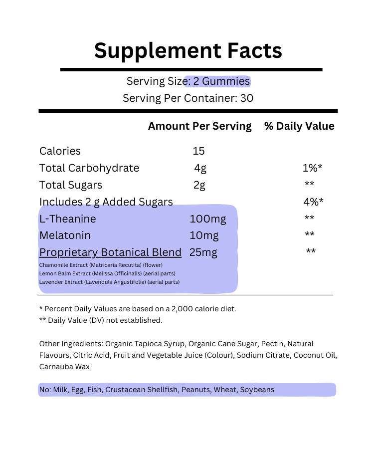 supplement facts for natrol sleep+calm melatonin gummies