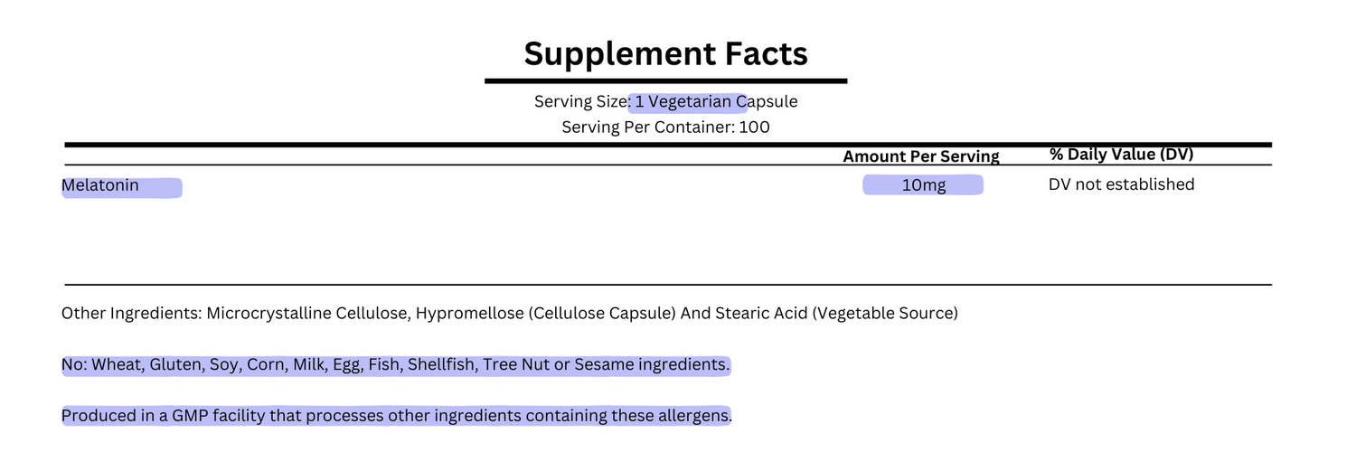 supplement facts for now foods extra strength melatonin 10mg