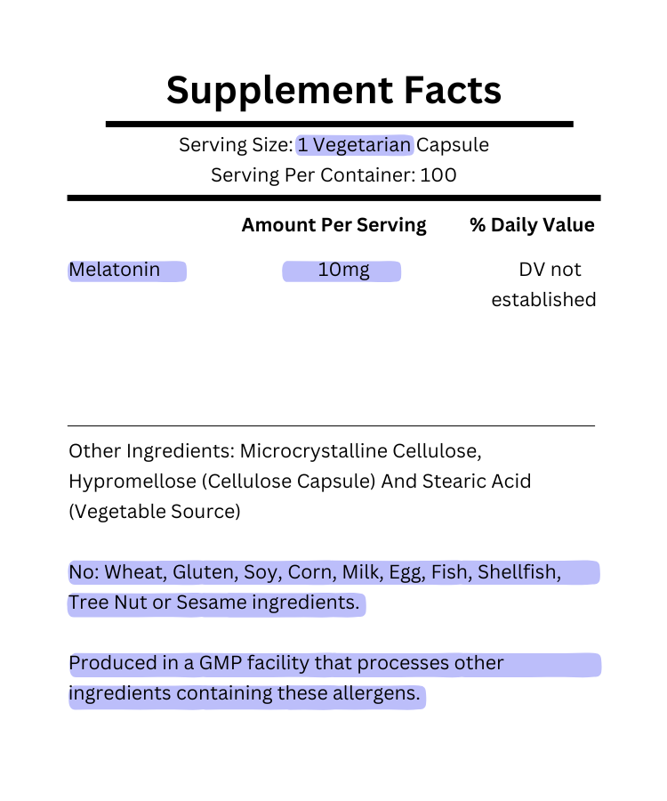 supplement facts for now foods extra strength melatonin 10mg